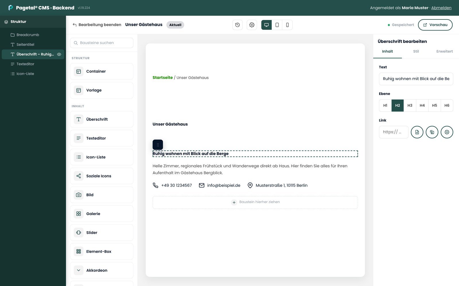 Bildschirmausschnitt des Page-Builders in Pagetal CMS: links die Bausteine, in der Mitte die Seite, rechts die Einstellungen des gewählten Bausteins.